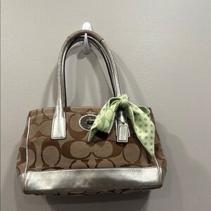 Coach Brown and Silver Satchel with Metallic Accents